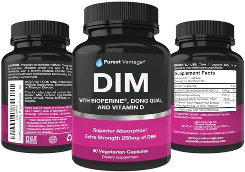 Pure DIM Supplement 250mg Diindolylmethane Plus BioPerine and Dong Quai - Hormone Balance Support for Women and Men, Menopause & Estrogen Support - 90 Vegetarian Capsules in Kuwait