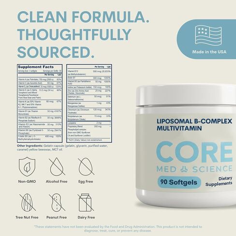 Core Med Science Liposomal Vitamin B-Complex, 90 Softgels - Non-GMO Active B-Complex Vitamin Supplement for Heart Health - Immune System & Metabolism Booster - Energy & Mood Support Supplement in Kuwait