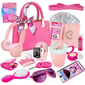 Little Girl Purse with Pretend Makeup for Toddlers, Kids Play Purse Set - Includes Handbag, Pretend Play Headset, Wallet, Phones, Birthday Gift for Girls Age 3+ (Deluxe Purse Set-Hot Pink) in Kuwait