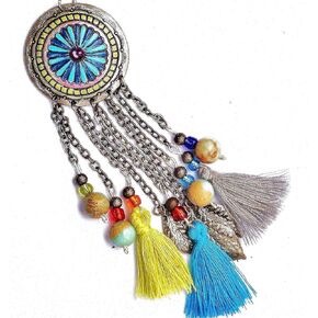 Long Silver Plated Boho Multi Tassel Necklace with Colorful Hand Painted Flower Pendant and Indian Agate Beads Artisan Bohemian Jewelry for Women in Kuwait