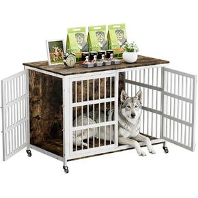 46" Dog Crate Furniture with Wheels, XXL Heavy Duty Dog Kennel Indoor for XL Dogs, Metal Chew-Proof Dog Cage, 45.7" L x 27.6" W x 31.5" H, Decorate House as TV Stand, End Table — Natural and White in Kuwait