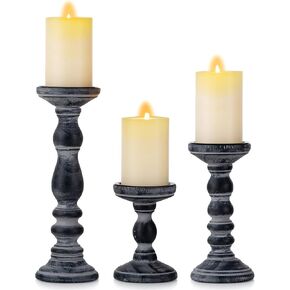 Candle Holder for Pillar Candles: Romadedi Set of 3 Decorative Wood Candlestick Holders, Rustic Wooden Candle Stand for Fireplace Mantle End Table Shelf in Farmhouse Style, Black 6", 8.3", 12" in Saudi Arabia