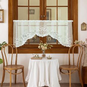 WUBODTI 4 Pcs White Sheer Swag Valance Curtains for Kitchen Windows, Floral Embroidered Lace Window Valances Hollow Knitted Short Curtains for Small Windows Bathroom Living Room Decor, 63’’ Wx24’’ H in Saudi Arabia