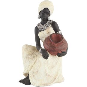 Deco 79 Polystone Woman Decorative Sculpture Sitting African Home Decor Statue with Red Water Pot, Accent Figurine 6" x 6" x 10", Cream in Saudi Arabia