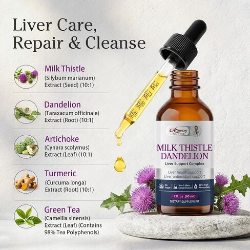 Liver Health Support Liquid, 1000mg Milk Thistle 80% Silymarin Extract & 250mg Dandelion Root Extract, Liver Cleanse Detox & Repair Fatty Liver Formula, Vegan, Non-GMO and All-Natural in Kuwait