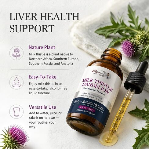 Liver Health Support Liquid, 1000mg Milk Thistle 80% Silymarin Extract & 250mg Dandelion Root Extract, Liver Cleanse Detox & Repair Fatty Liver Formula, Vegan, Non-GMO and All-Natural in Kuwait