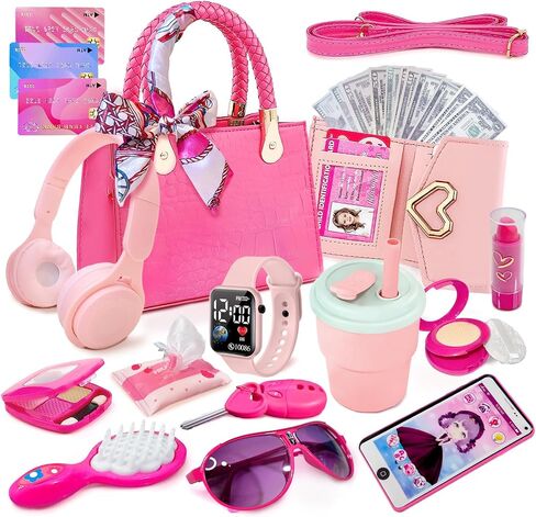Little Girl Purse with Pretend Makeup for Toddlers, Kids Play Purse Set - Includes Handbag, Pretend Play Headset, Wallet, Phones, Birthday Gift for Girls Age 3+ (Deluxe Purse Set-Hot Pink) in Kuwait