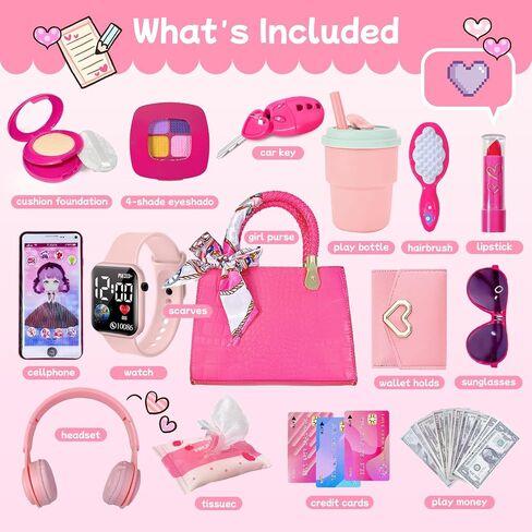 Little Girl Purse with Pretend Makeup for Toddlers, Kids Play Purse Set - Includes Handbag, Pretend Play Headset, Wallet, Phones, Birthday Gift for Girls Age 3+ (Deluxe Purse Set-Hot Pink) in Kuwait