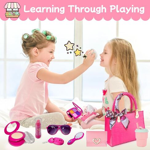 Little Girl Purse with Pretend Makeup for Toddlers, Kids Play Purse Set - Includes Handbag, Pretend Play Headset, Wallet, Phones, Birthday Gift for Girls Age 3+ (Deluxe Purse Set-Hot Pink) in Kuwait