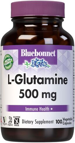 Bluebonnet Nutrition L-Glutamine 500 ملغ، يدعم وظيفة المناعة*، ناقل النيتروجين*، خالي من الصويا، خالي من الغلوتين، غير معدّل وراثيًا، معتمد من الشريعة اليهودية، نباتي، 100 كبسولة نباتية، 100 حصة in Kuwait