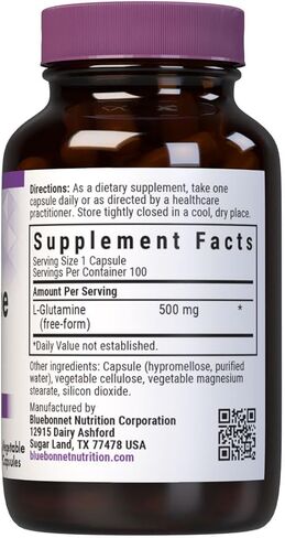 Bluebonnet Nutrition L-Glutamine 500 ملغ، يدعم وظيفة المناعة*، ناقل النيتروجين*، خالي من الصويا، خالي من الغلوتين، غير معدّل وراثيًا، معتمد من الشريعة اليهودية، نباتي، 100 كبسولة نباتية، 100 حصة in Kuwait