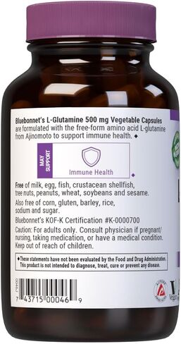 Bluebonnet Nutrition L-Glutamine 500 ملغ، يدعم وظيفة المناعة*، ناقل النيتروجين*، خالي من الصويا، خالي من الغلوتين، غير معدّل وراثيًا، معتمد من الشريعة اليهودية، نباتي، 100 كبسولة نباتية، 100 حصة in Kuwait
