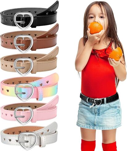 6 Pcs Girls Belt Size 6-12 Kids PU Leather Waist Belt Hollow Heart Design Metal Buckle for Girl Dress Pants Jeans in Kuwait