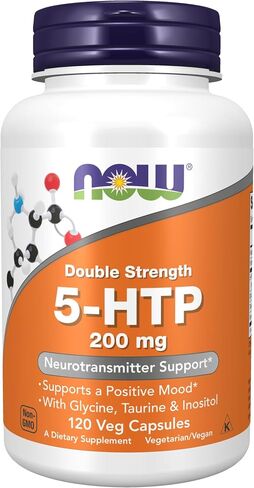 NOW Supplements, 5-HTP (5-hydroxytryptophan) 200 mg, Double Strength, Neurotransmitter Support*, 60 Veg Capsules in Kuwait