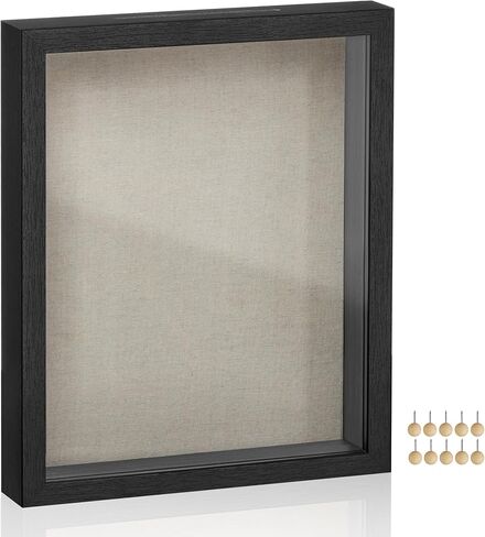 SONGMICS Shadow Box Frame, 8x10 Black Box Frame Display Case with Top Slot and Stick Pins, Wood Picture Frames with Linen Back for Photos Medals Awards Memory, Wall Hanging Tabletop in Kuwait