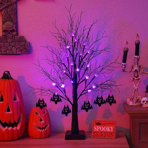 Beterzack 2FT Black Halloween Tree, Spooky Tree with 20 Spider & 24 Purple Lights and 6 Bat Decorations Battery Powered Tabletop Bonsai Tree Decoration for Halloween and Indoor in Kuwait
