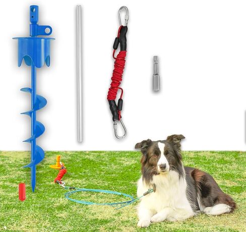 Dog Stakes for Outside Heavy Duty Hold up to 350Lbs Large Dogs Tie Out Tether Leash Chain for Yard Screw in Ground Anchors Set 17 inch with Buffer Rope, 25 FT Steel Cable in Kuwait
