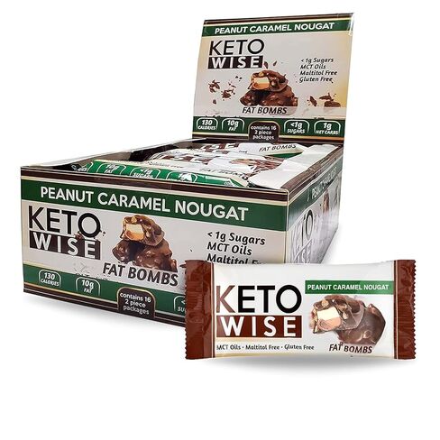 Keto Wise Fat Bombs - Made with Chocolate containing MCT Oil - Low Fat, Low Carb and Keto Friendly Snack - 7g Fat, 2g Net Carbs | Peanut Caramel Nougat, Pack of 16 in Kuwait