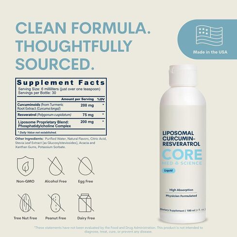 Core Med Science Liposomal Curcumin Resveratrol 200mg Curcumin and 75mg Resveratrol - 6 Fl Oz Liquid - High Absorption Curcumin Supplement in Kuwait