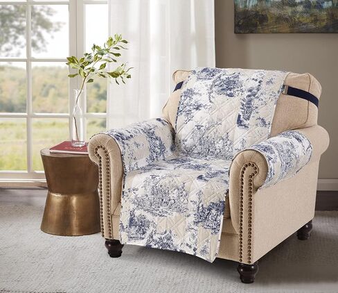 Brilliant Sunshine Paris and Toile Floral Patchwork Quilted Large Recliner Slipcover, 28" Seat Width, Slip Resistant Furniture Protector, 2" Strap, Washable Reclining Chair Cover for Dogs, Latte Grey in Kuwait