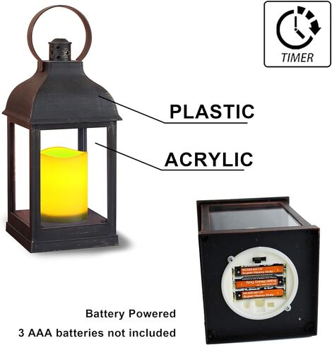 WRalwaysLX Decorative Lantern with flameless LED Candle Light, ON/Off/Timer Candle with 6Hours, Outdoor/Indoor LED Lantern, Use AAA Battery(not Include)Bronze Plastic (4x9") in Saudi Arabia