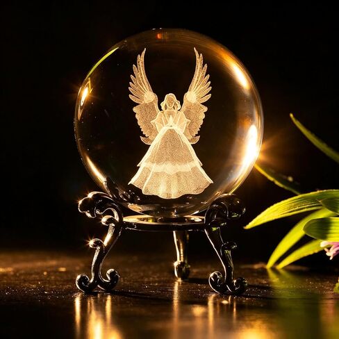 2.36in 3D Laser Crystal Guardian Angel Figurine Crystal Ball Paperweight with Stand Base - 3D Engraving Crystal Praying Angel Gift Home Decor in Kuwait