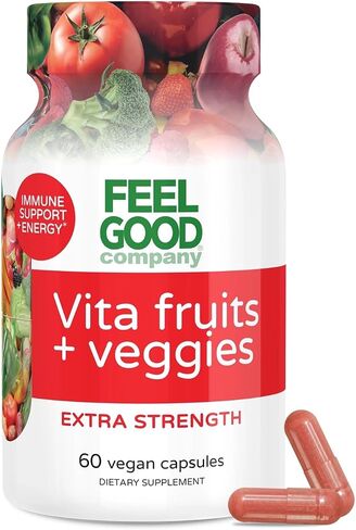 FeelGood Superfoods Vita Fruits and Veggies Dietary Supplement Capsules Made from 25 Superfood Ingredients, Fruit and Vegetable Multivitamin, 60 Count in Kuwait