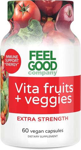 FeelGood Superfoods Vita Fruits and Veggies Dietary Supplement Capsules Made from 25 Superfood Ingredients, Fruit and Vegetable Multivitamin, 60 Count in Kuwait