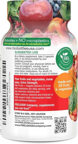 FeelGood Superfoods Vita Fruits and Veggies Dietary Supplement Capsules Made from 25 Superfood Ingredients, Fruit and Vegetable Multivitamin, 60 Count in Kuwait