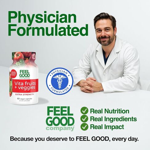 FeelGood Superfoods Vita Fruits and Veggies Dietary Supplement Capsules Made from 25 Superfood Ingredients, Fruit and Vegetable Multivitamin, 60 Count in Kuwait