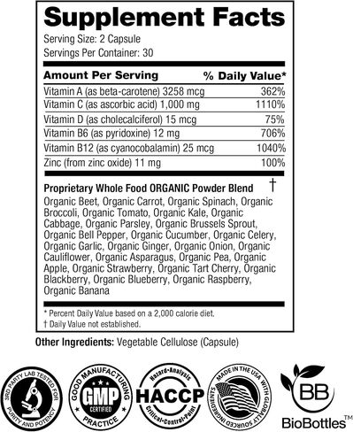 FeelGood Superfoods Vita Fruits and Veggies Dietary Supplement Capsules Made from 25 Superfood Ingredients, Fruit and Vegetable Multivitamin, 60 Count in Kuwait