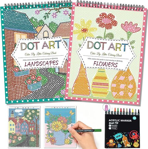 Elfew 2 Pack Dot Art for Adults Coloring Book, with 12 PCS Acrylic Markers, Mindfulness Adult Coloring Books with 40 Patterns, Landscapes & Flowers Themes, Activity Book for Adults & Seniors in Saudi Arabia