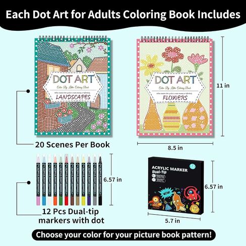 Elfew 2 Pack Dot Art for Adults Coloring Book, with 12 PCS Acrylic Markers, Mindfulness Adult Coloring Books with 40 Patterns, Landscapes & Flowers Themes, Activity Book for Adults & Seniors in Saudi Arabia