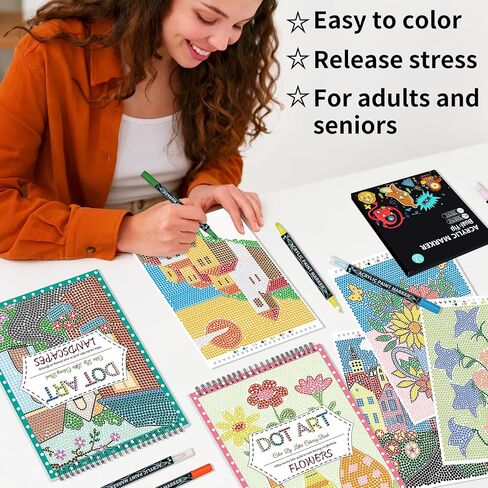 Elfew 2 Pack Dot Art for Adults Coloring Book, with 12 PCS Acrylic Markers, Mindfulness Adult Coloring Books with 40 Patterns, Landscapes & Flowers Themes, Activity Book for Adults & Seniors in Saudi Arabia