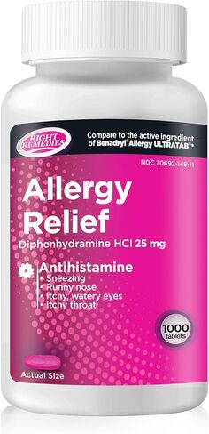 RIGHT REMEDIES Allergy Relief Antihistamine, Diphenhydramine HCl 25mg, Generic Benadryl Ultratabs, Relieves Seasonal Indoor or Outdoor Upper Respiratory Allergies, 400 Count in Kuwait