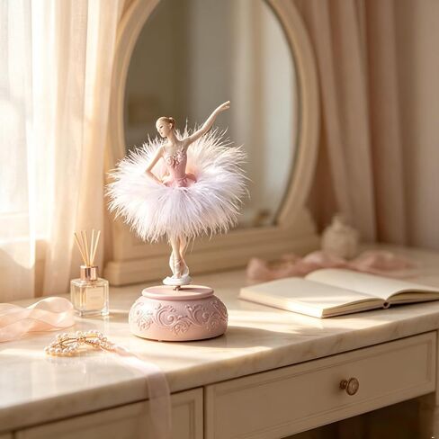 Chagar Feather Skirt Ballerina Rotating Music Box Figurine,White and Pink Manual Control Dancing Girl Musical Box for Girl Kids Gift (Pink) in Kuwait