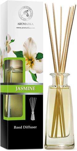 Jasmine Reed Diffuser w/Natural Essential Jasmine Oil 3.4 Fl Oz (100ml) - Fresh & Long Lasting Fragrance - Scented Reed Diffuser - Gift Set w/ 8 Bamboo Sticks - Good for Aromatherapy - SPA - Home in Kuwait