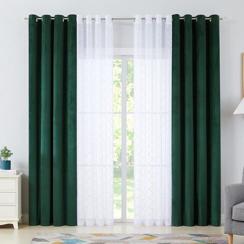 Enactex 4 Piece Navy Blue Window Curtain Set Mix and Match Moroccan Metallic Print Voile Sheer& Velvet Room Darkening Blackout Drapes, 52''x 95''Grommet Window Treatment for Bedroom Living Room in Kuwait