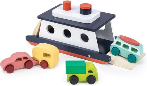 Mentari Toys - Car Ferry - Wooden Boat Set with 4 Vehicles - Includes Car, Caravan, Campervan, and Truck - Interactive Loading & Unloading Toy for Fine Motor Skills, Gift for Toddlers Age 3+ in Kuwait