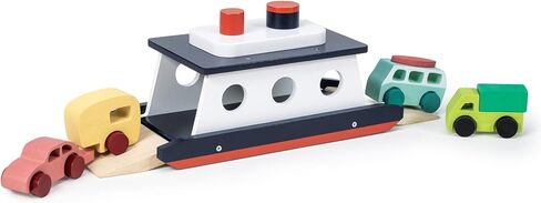 Mentari Toys - Car Ferry - Wooden Boat Set with 4 Vehicles - Includes Car, Caravan, Campervan, and Truck - Interactive Loading & Unloading Toy for Fine Motor Skills, Gift for Toddlers Age 3+ in Kuwait