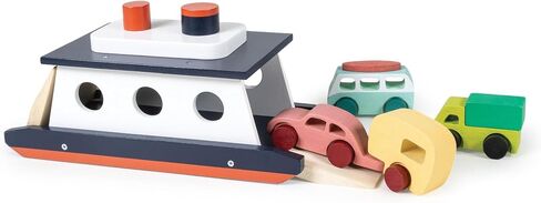 Mentari Toys - Car Ferry - Wooden Boat Set with 4 Vehicles - Includes Car, Caravan, Campervan, and Truck - Interactive Loading & Unloading Toy for Fine Motor Skills, Gift for Toddlers Age 3+ in Kuwait
