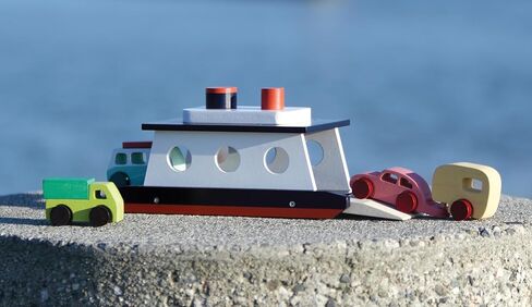 Mentari Toys - Car Ferry - Wooden Boat Set with 4 Vehicles - Includes Car, Caravan, Campervan, and Truck - Interactive Loading & Unloading Toy for Fine Motor Skills, Gift for Toddlers Age 3+ in Kuwait