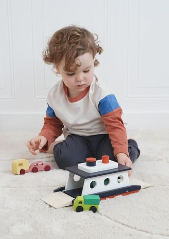 Mentari Toys - Car Ferry - Wooden Boat Set with 4 Vehicles - Includes Car, Caravan, Campervan, and Truck - Interactive Loading & Unloading Toy for Fine Motor Skills, Gift for Toddlers Age 3+ in Kuwait