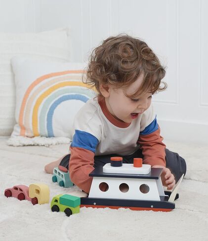 Mentari Toys - Car Ferry - Wooden Boat Set with 4 Vehicles - Includes Car, Caravan, Campervan, and Truck - Interactive Loading & Unloading Toy for Fine Motor Skills, Gift for Toddlers Age 3+ in Kuwait
