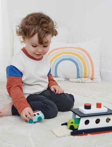 Mentari Toys - Car Ferry - Wooden Boat Set with 4 Vehicles - Includes Car, Caravan, Campervan, and Truck - Interactive Loading & Unloading Toy for Fine Motor Skills, Gift for Toddlers Age 3+ in Kuwait