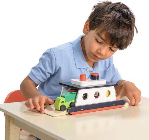 Mentari Toys - Car Ferry - Wooden Boat Set with 4 Vehicles - Includes Car, Caravan, Campervan, and Truck - Interactive Loading & Unloading Toy for Fine Motor Skills, Gift for Toddlers Age 3+ in Kuwait