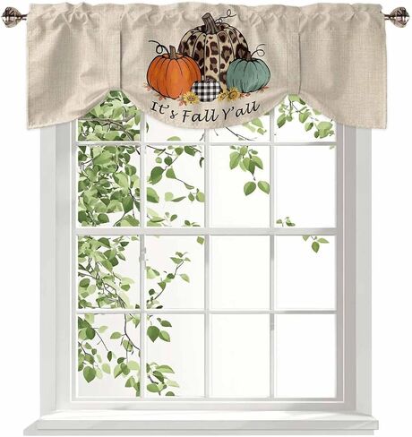 Valance Curtain for Kitchen,Green White Orange Pumpkins Fall Harest Thanksgiving Valances for Living Room Scroll,Rod Pocket Valances for Bedroom,Window Valance 1 Panel 12" x 42" in Kuwait