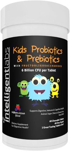 6 Billion CFU Kids/Children's Probiotics with Prebiotics, Sunfiber and Fos, for 10x More Effectiveness. One A Day Great Taste Chewable Probiotic, 2 Months Supply Per Bottle in Kuwait