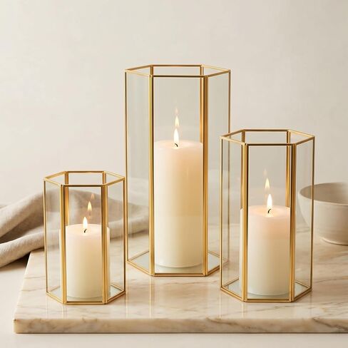 Glass Hurricane Candle Holder, Set of 3 Large Clear Hexagon Lanterns Pillar Candle Lantern with Black Metal Frame Wedding Centerpiece Table Decor Home Decorations in Kuwait