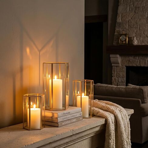 Glass Hurricane Candle Holder, Set of 3 Large Clear Hexagon Lanterns Pillar Candle Lantern with Black Metal Frame Wedding Centerpiece Table Decor Home Decorations in Kuwait
